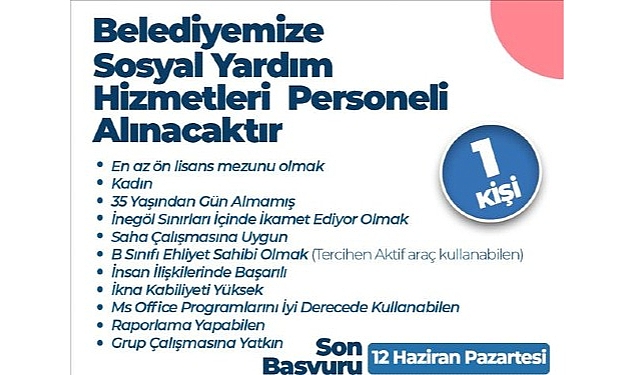 İnegöl Belediyesi Sosyal Yardım Hizmetleri Personeli Alacak